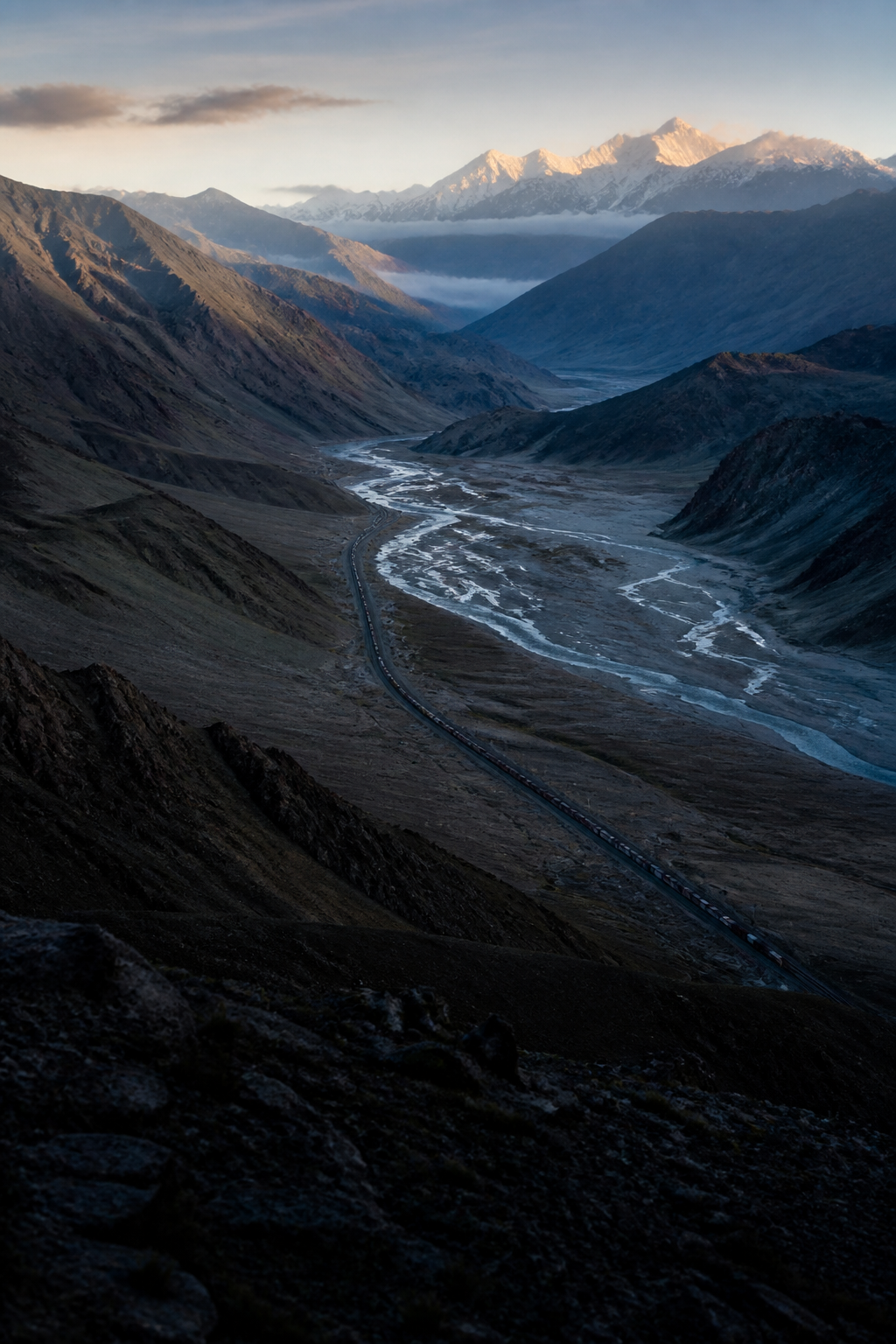 Mountain, river, and transport corridor crossing the Eurasian interior at dawn