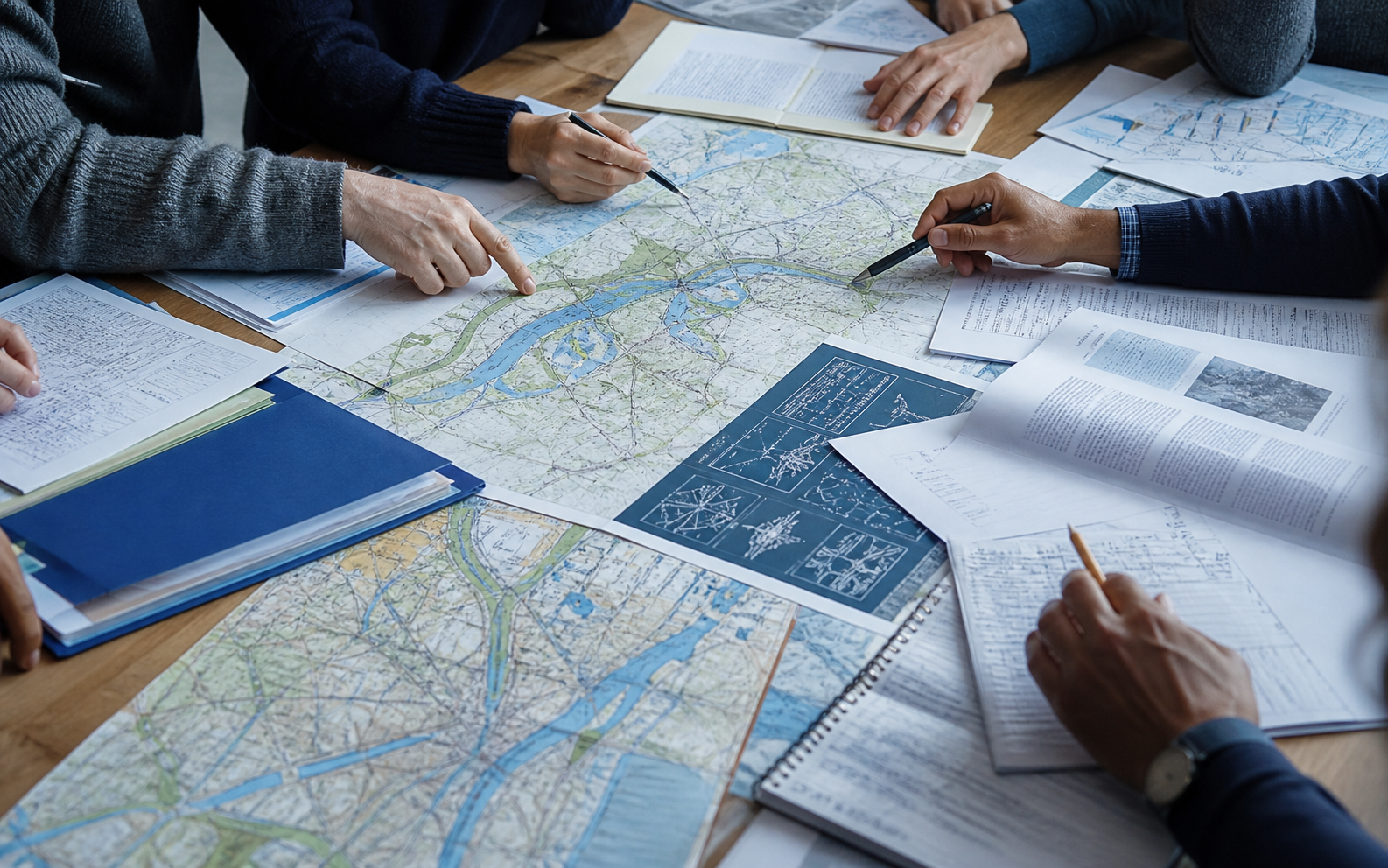 Researchers reviewing regional maps and policy documents together around a working table