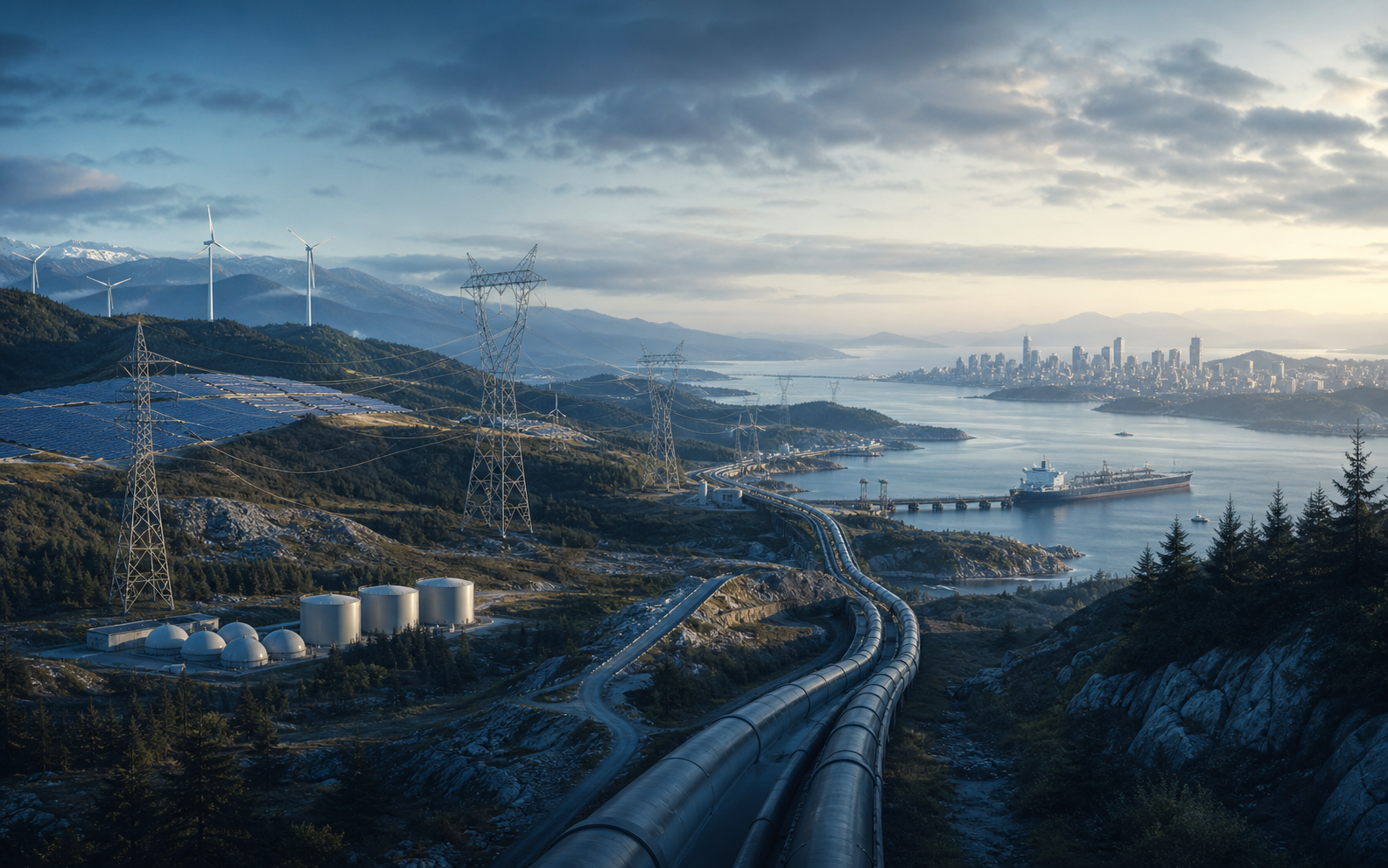 Energy infrastructure connecting renewable generation, transmission, storage, transport, and urban demand