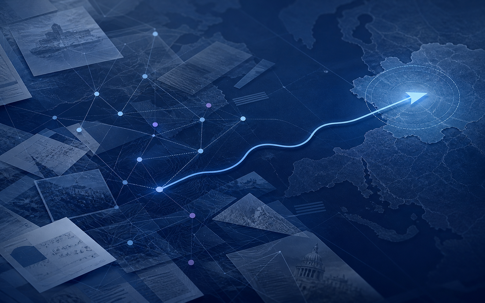 Layered maps, source documents, and analytical signals converging into a clear decision path