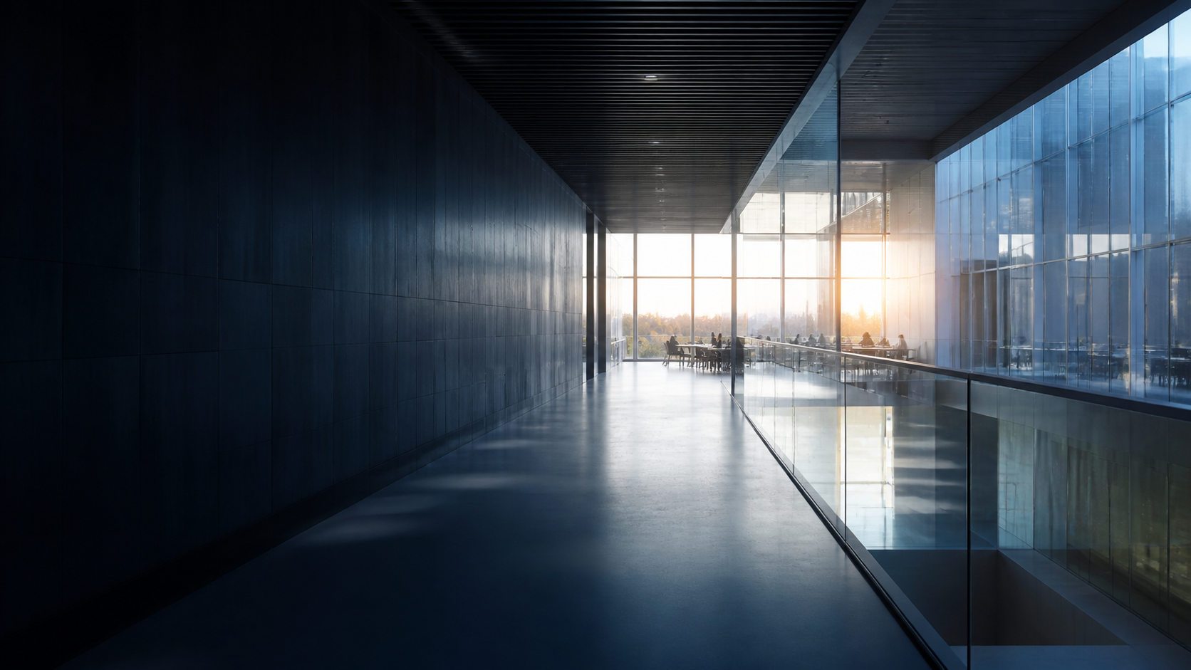 A contemporary policy institute corridor opening toward a collaborative study space