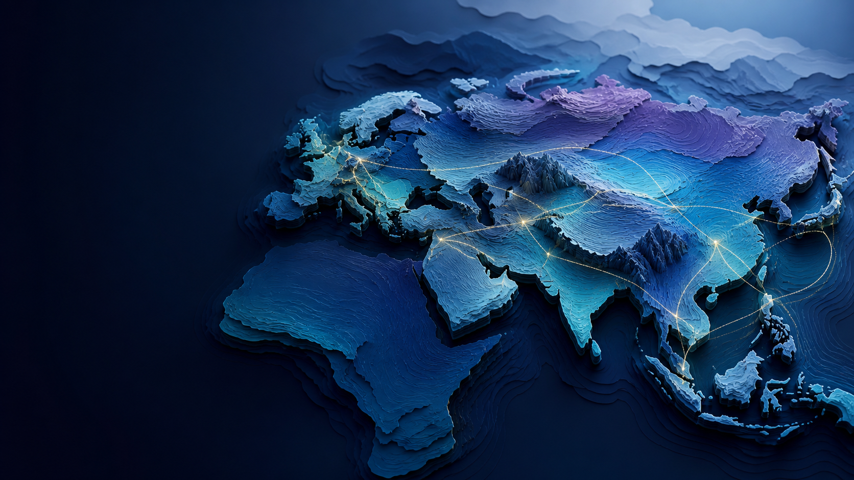 Layered topographic map of Eurasia with illuminated cross-regional routes