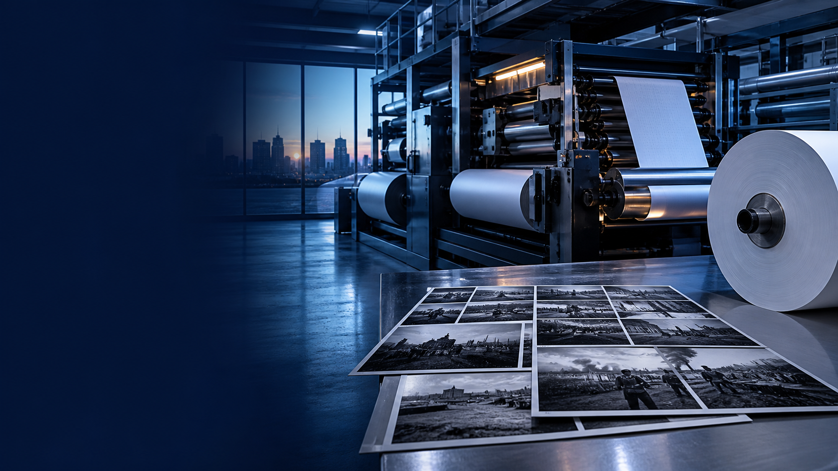 Policy newsroom desk with press photographs, reports, and editorial documents