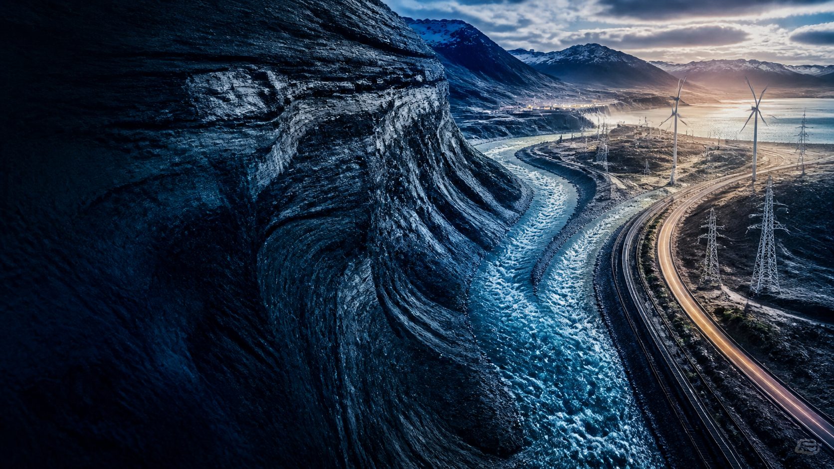 Mineral strata, water, power infrastructure, and transport routes converging across a strategic landscape