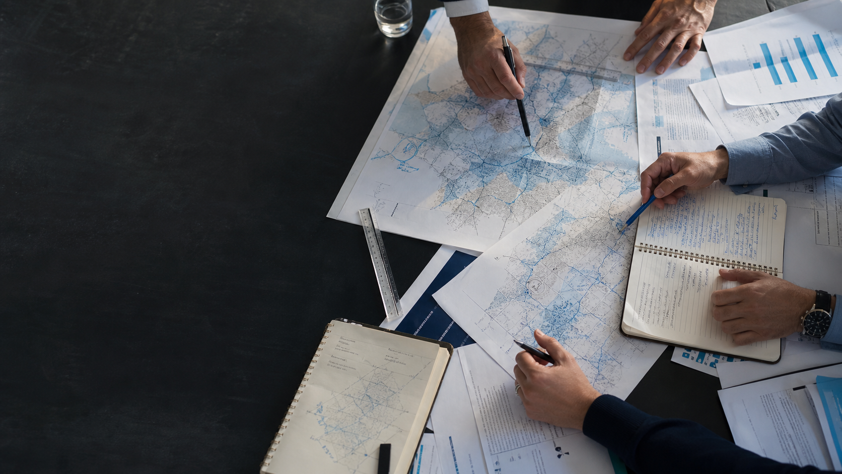 Researchers reviewing regional maps, analytical charts, and notes around a worktable